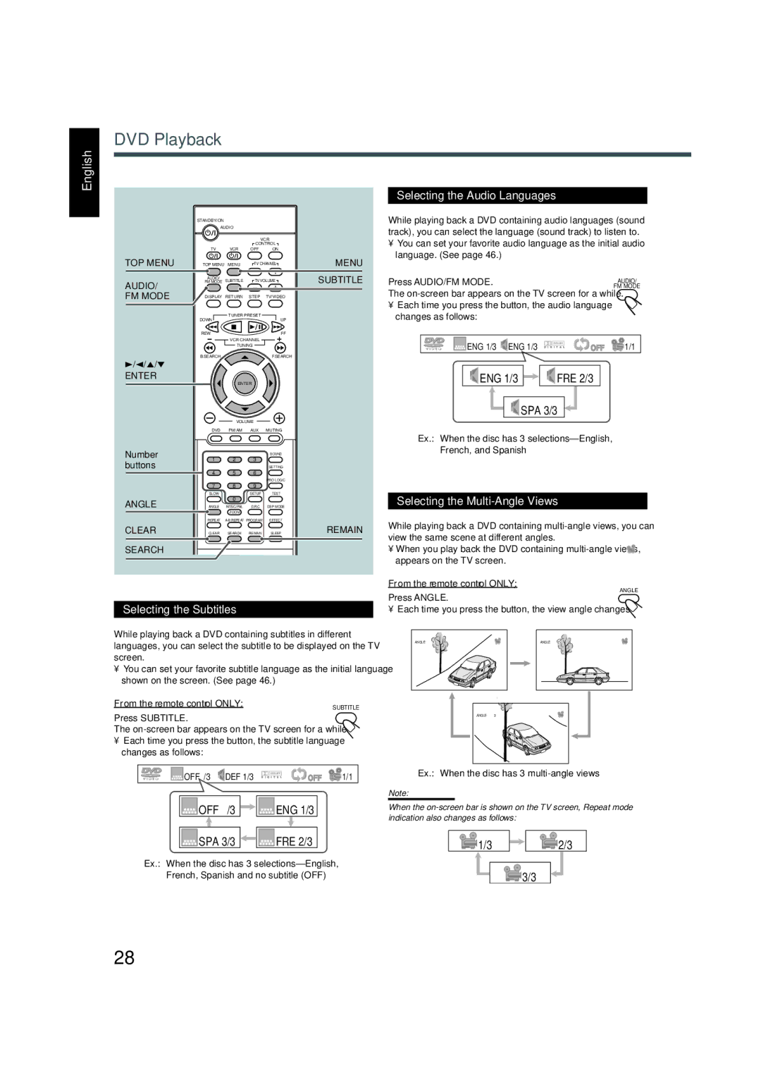 JVC TH-A5 manual Selecting the Audio Languages, Selecting the Multi-Angle Views, Selecting the Subtitles 