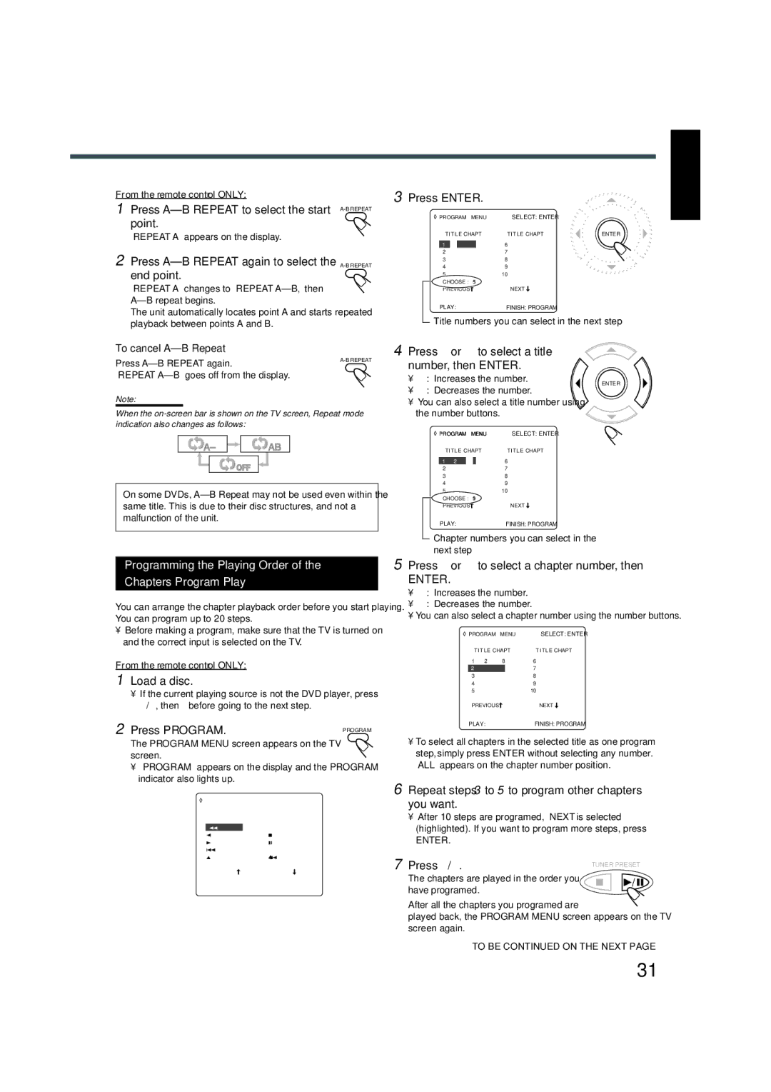 JVC TH-A5 manual Programming the Playing Order Chapters-Program Play 