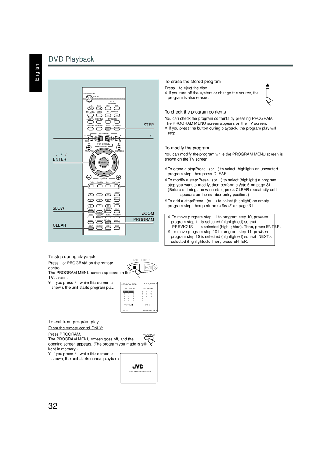 JVC TH-A5 To erase the stored program, To check the program contents, To modify the program, To exit from program play 