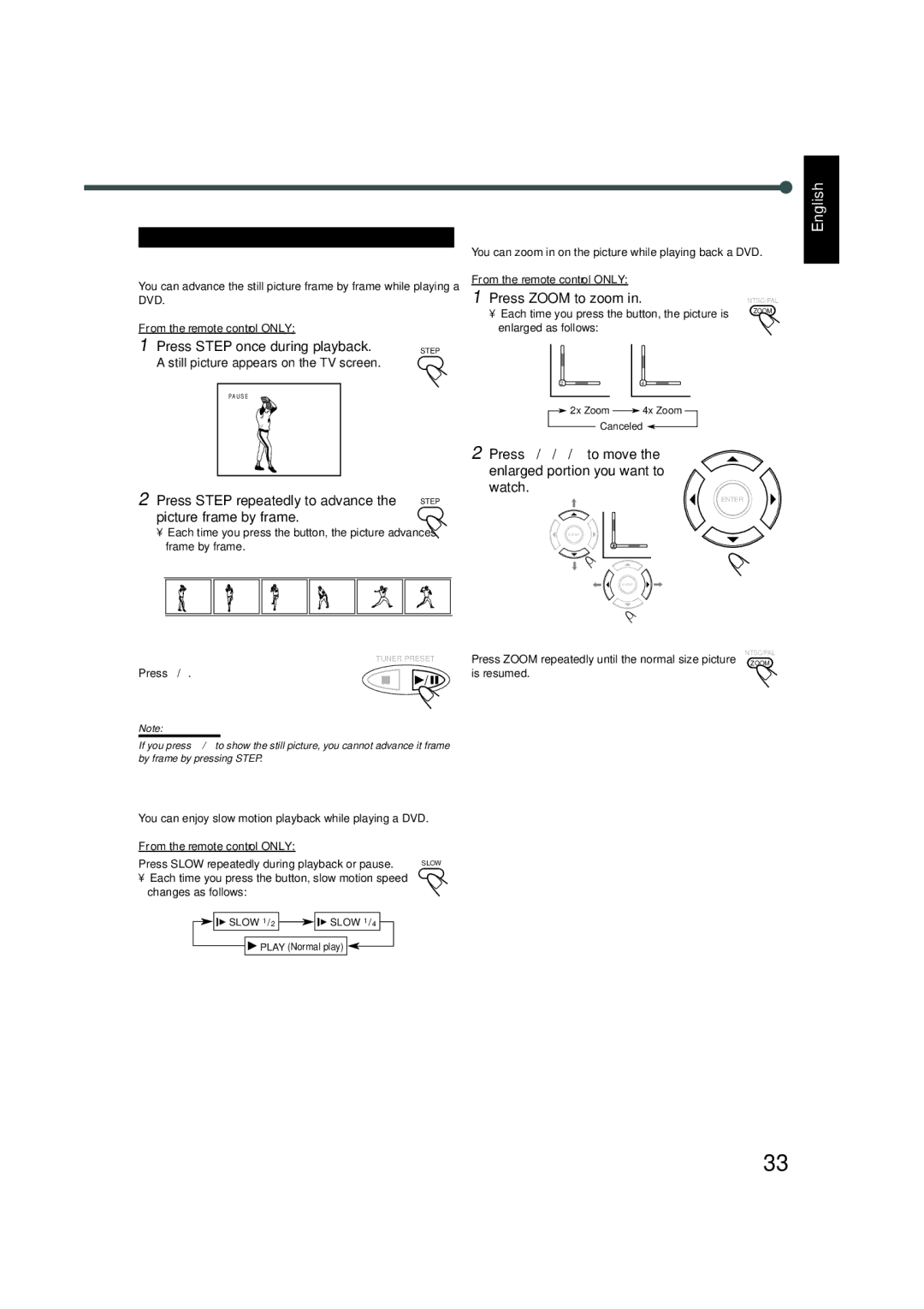 JVC TH-A5 manual DVD Special Effect Playback, Press Step once during playback, Press Step repeatedly to advance 