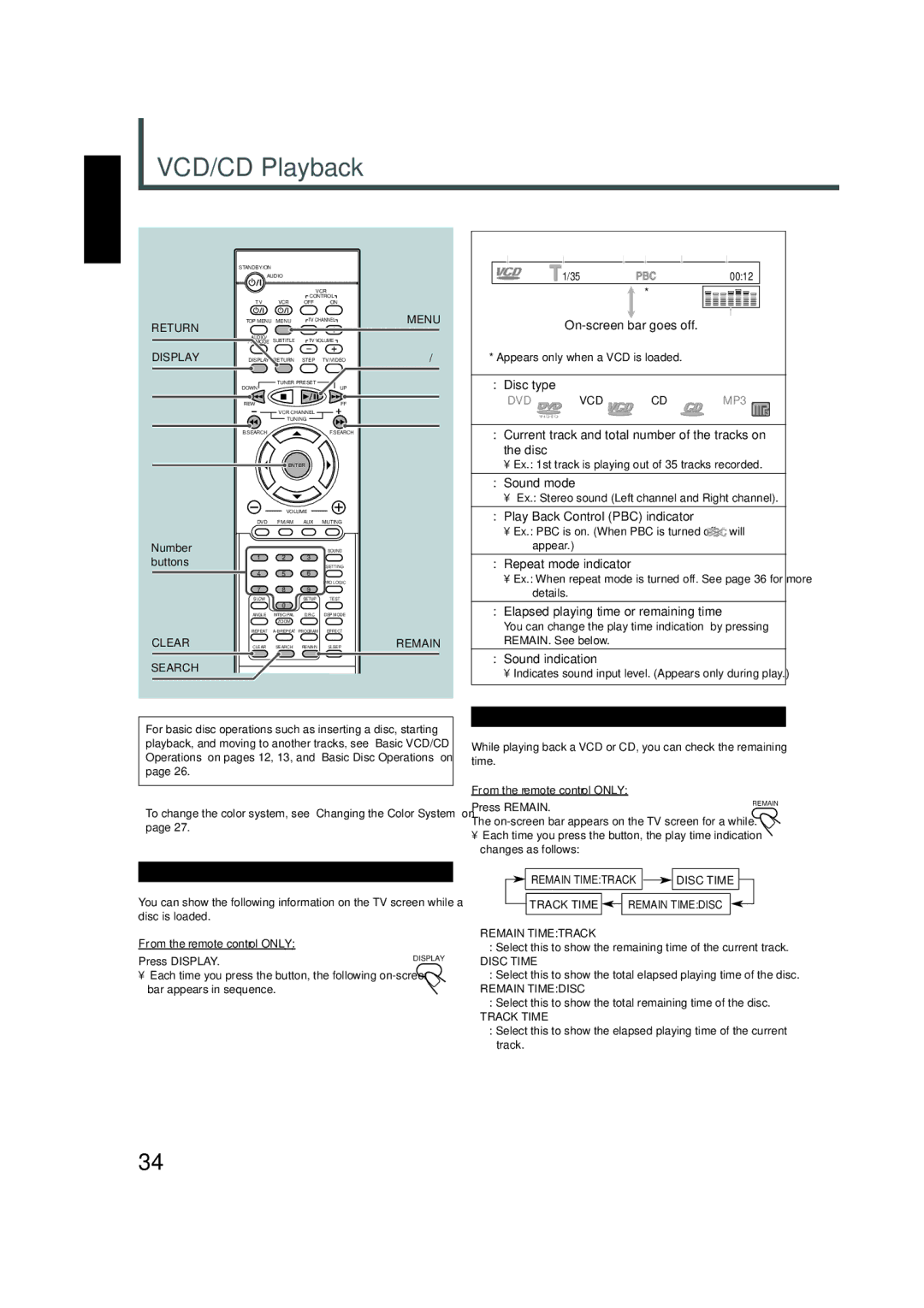 JVC TH-A5 manual VCD/CD Playback, Sound indication 