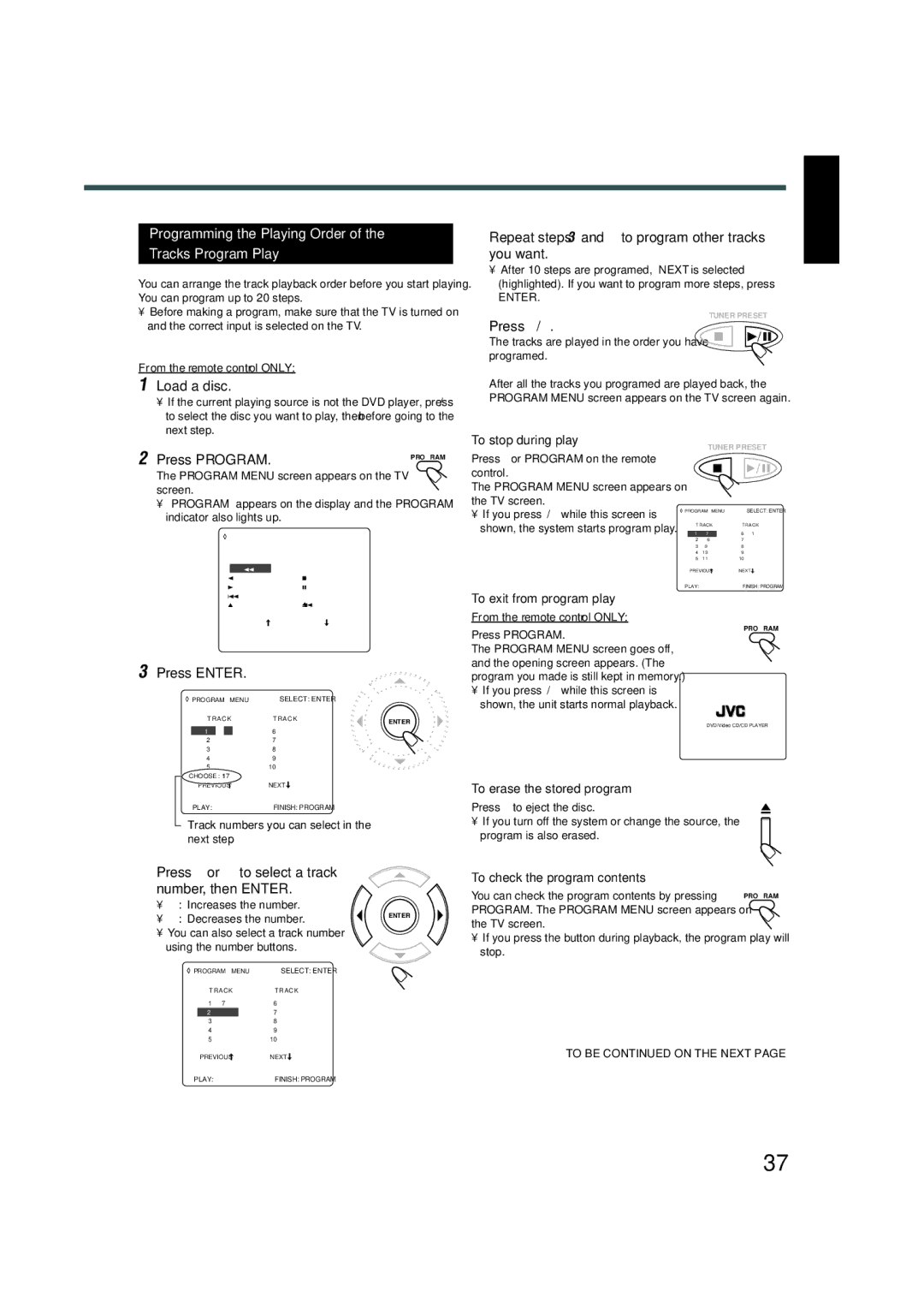 JVC TH-A5 manual Programming the Playing Order Tracks-Program Play, Repeat steps 3 and 4 to program other tracks you want 