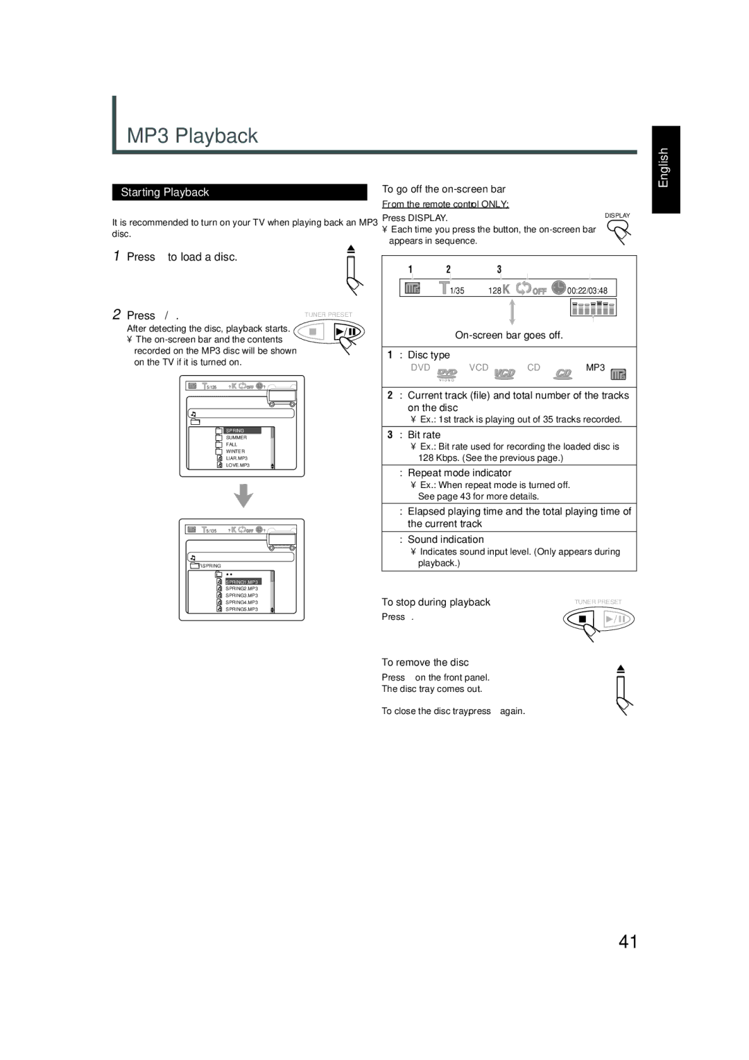 JVC TH-A5 manual MP3 Playback, Starting Playback, Press 0 to load a disc Press 3, To go off the on-screen bar 