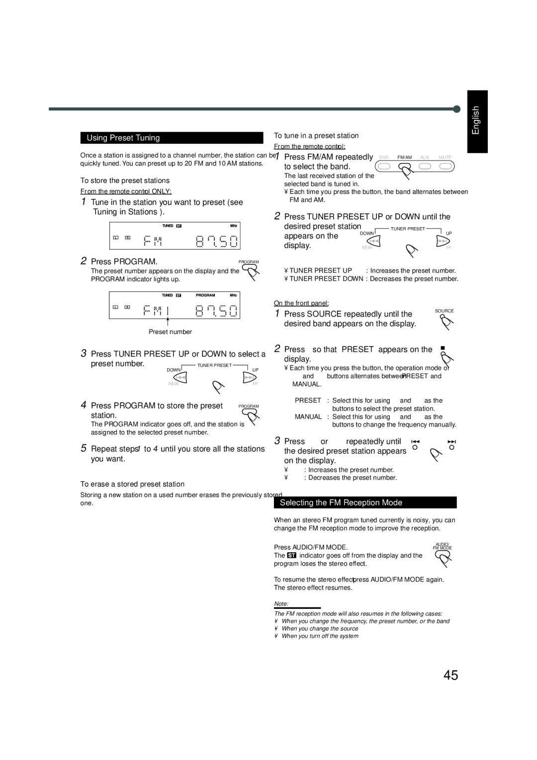 JVC TH-A5 manual Using Preset Tuning, Selecting the FM Reception Mode 