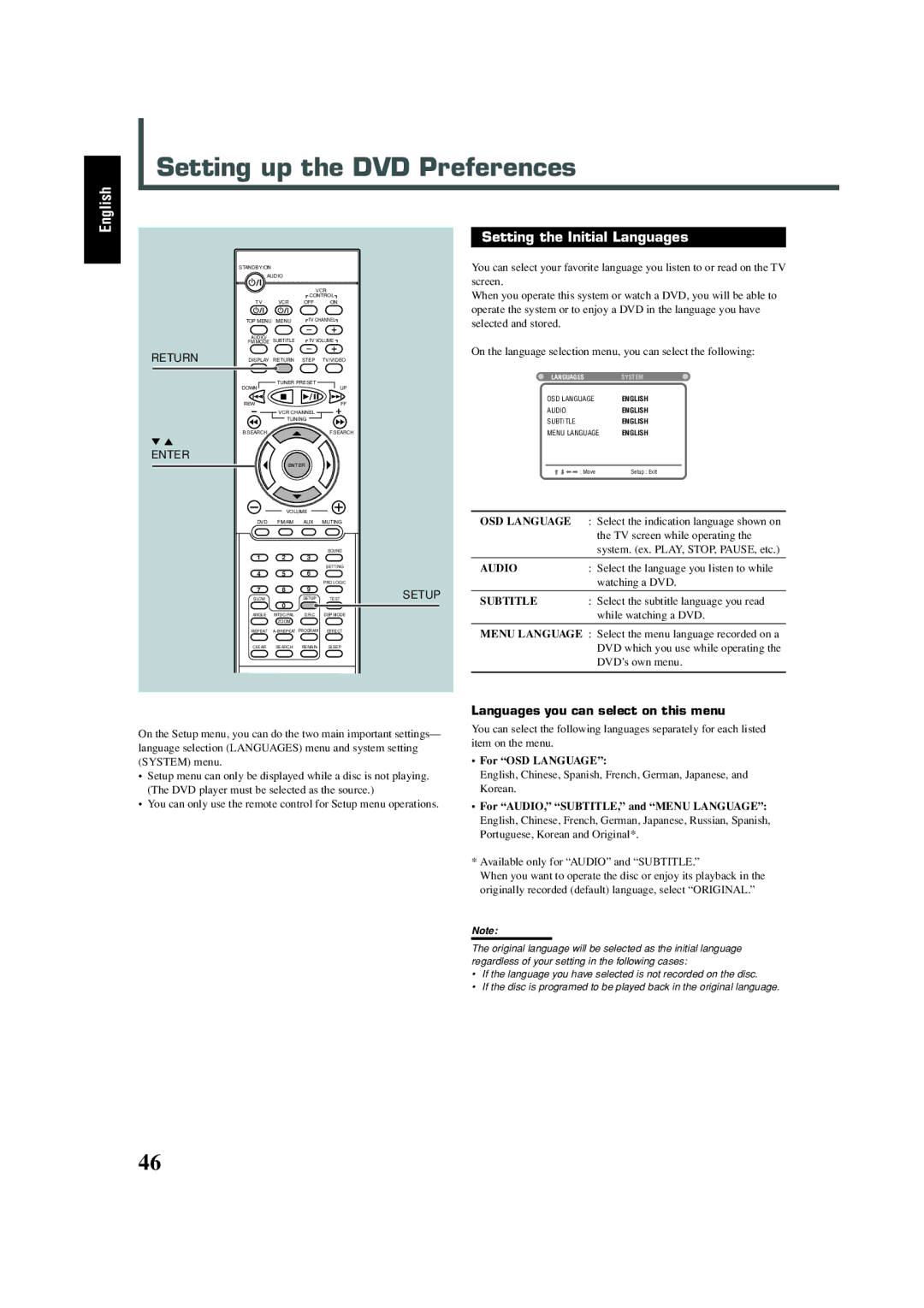 JVC TH-A5 manual Setting up the DVD Preferences, Setting the Initial Languages, Languages you can select on this menu 