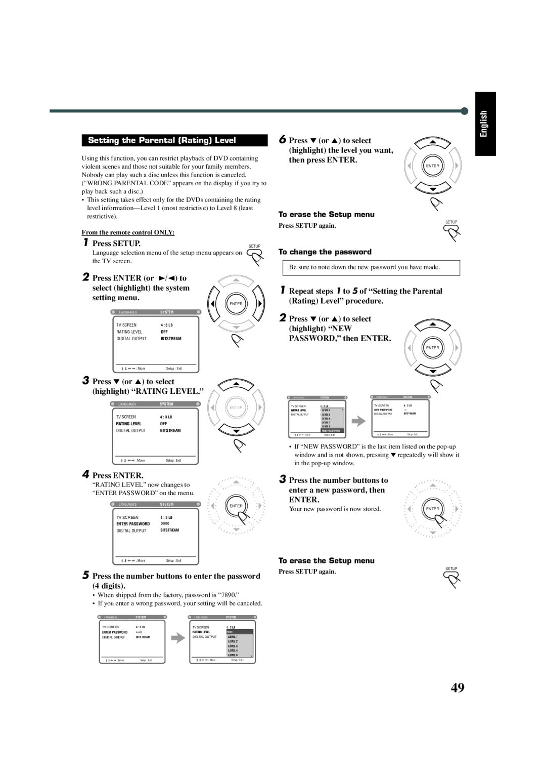 JVC TH-A5 Setting the Parental Rating Level, Press the number buttons to enter the password 4 digits, Press Setup again 