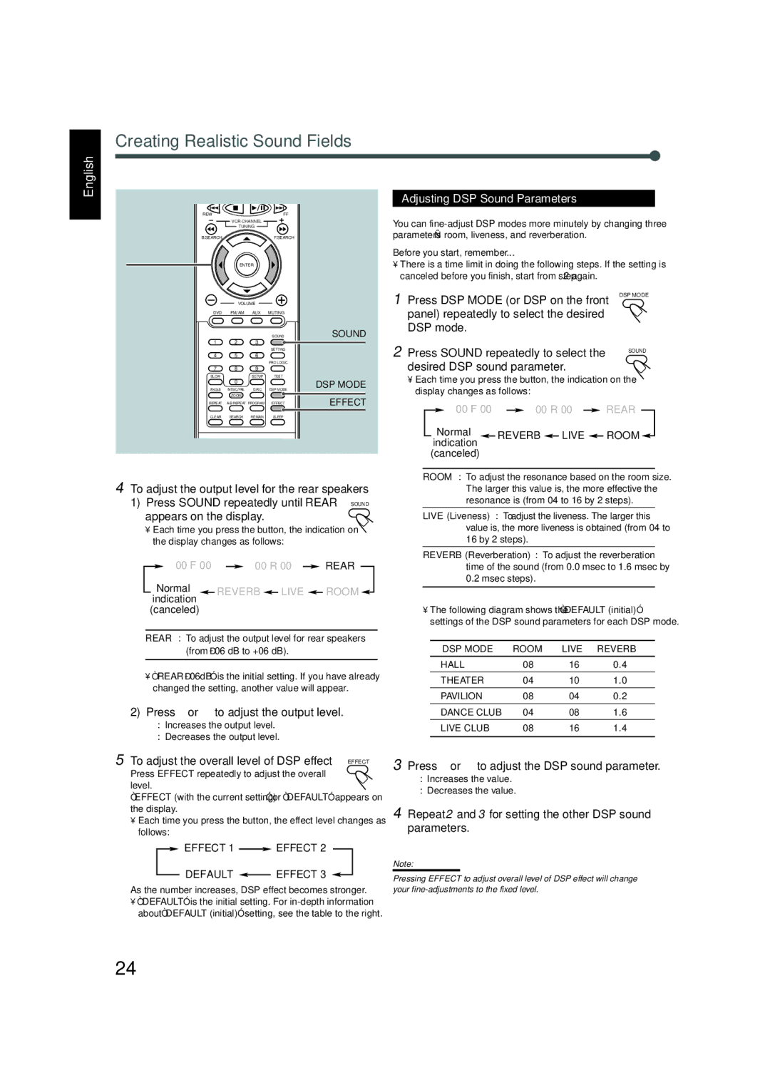 JVC TH-A5 manual Adjusting DSP Sound Parameters 