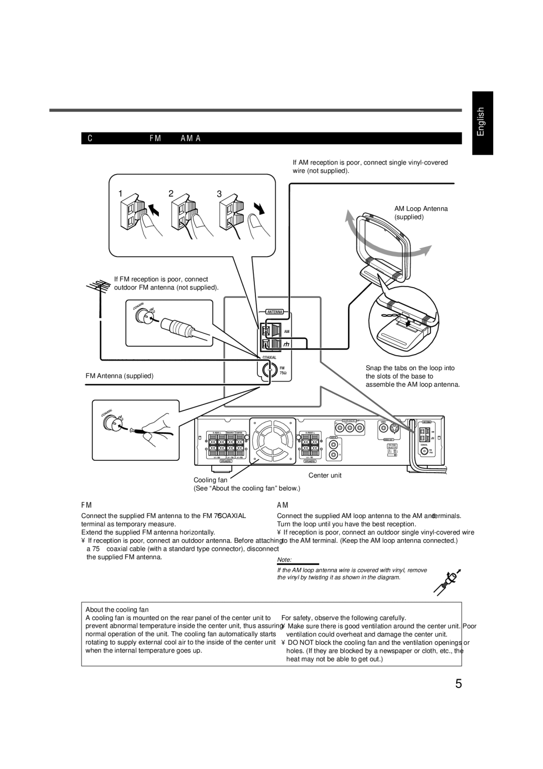 JVC TH-A5 manual Connecting the FM and AM Antennas, FM antenna connection, AM antenna connection 