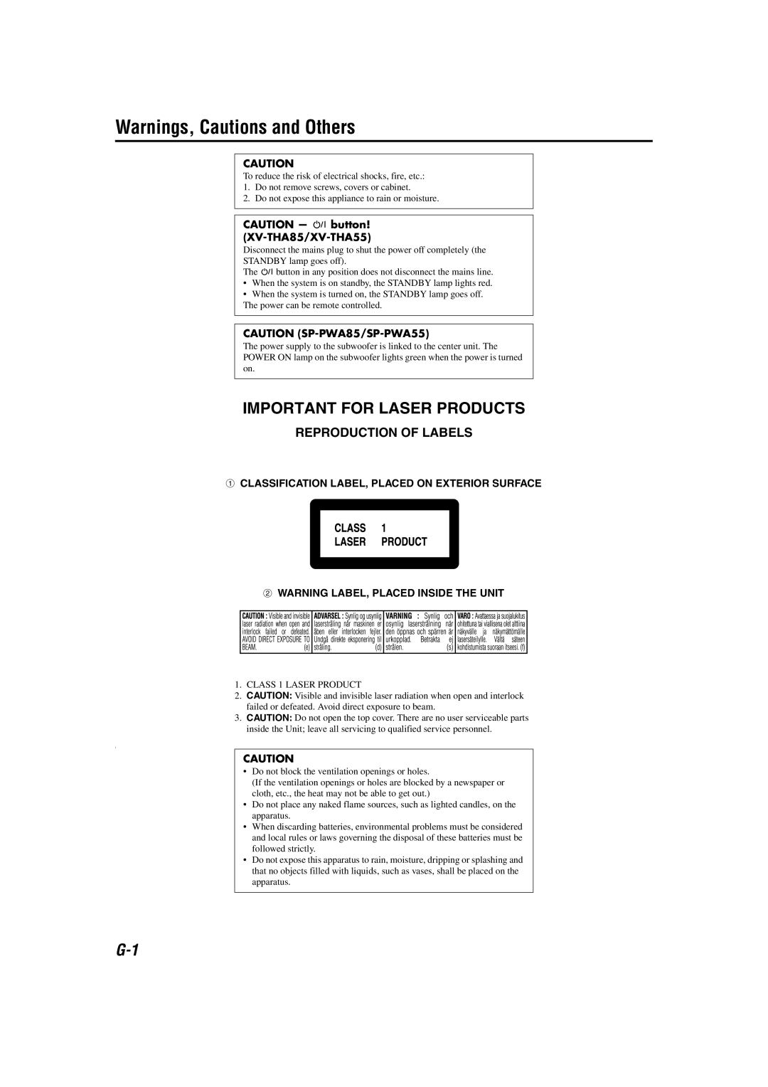 JVC TH-A55, TH-A85 manual Important for Laser Products, Class 1 Laser Product 