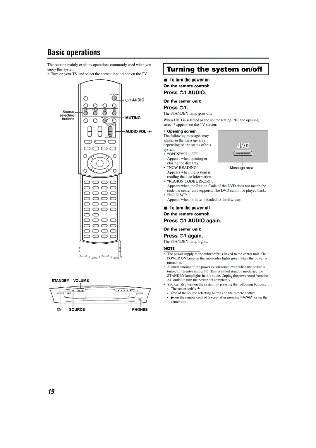 JVC TH-A55, TH-A85 manual Basic operations, Turning the system on/off 