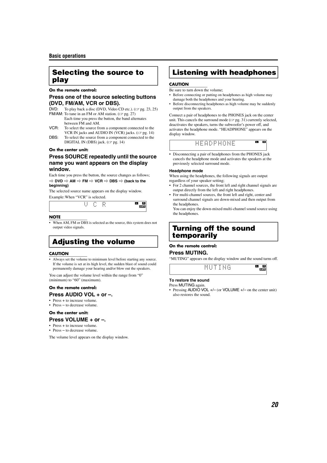 JVC TH-A85, TH-A55 manual Selecting the source to play, Adjusting the volume, Listening with headphones 