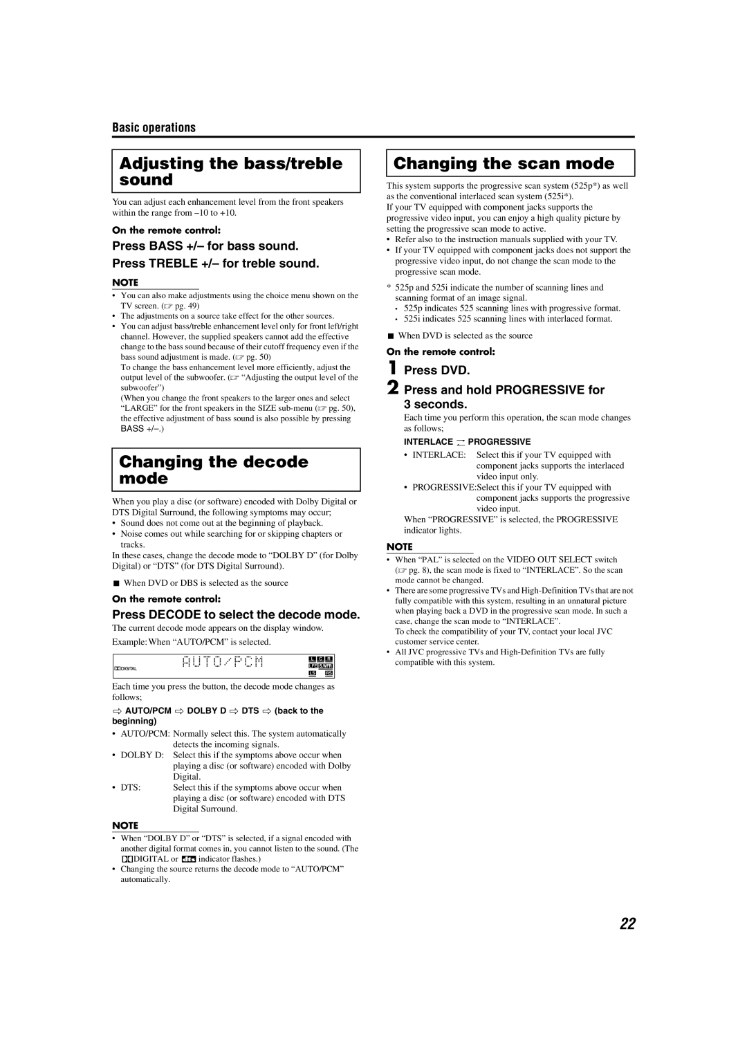 JVC TH-A85, TH-A55 manual Adjusting the bass/treble sound, Changing the decode mode, Changing the scan mode 