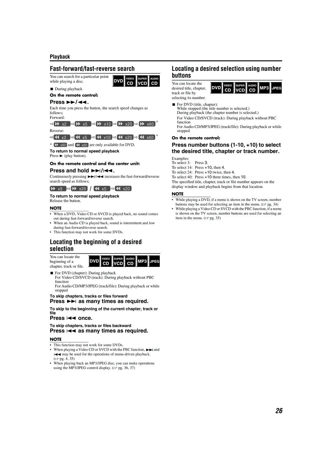 JVC TH-A85, TH-A55 manual Fast-forward/fast-reverse search, Locating the beginning of a desired selection 