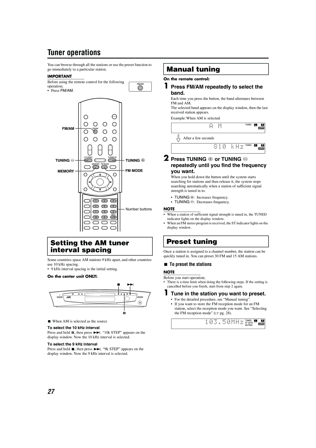 JVC TH-A55, TH-A85 manual Tuner operations, Manual tuning, Setting the AM tuner interval spacing, Preset tuning 