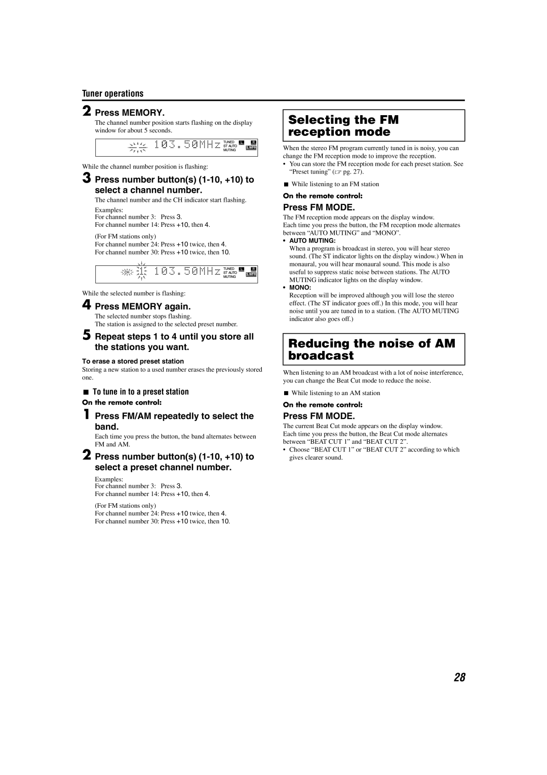 JVC TH-A85, TH-A55 manual Selecting the FM, Reception mode, Reducing the noise of AM broadcast 