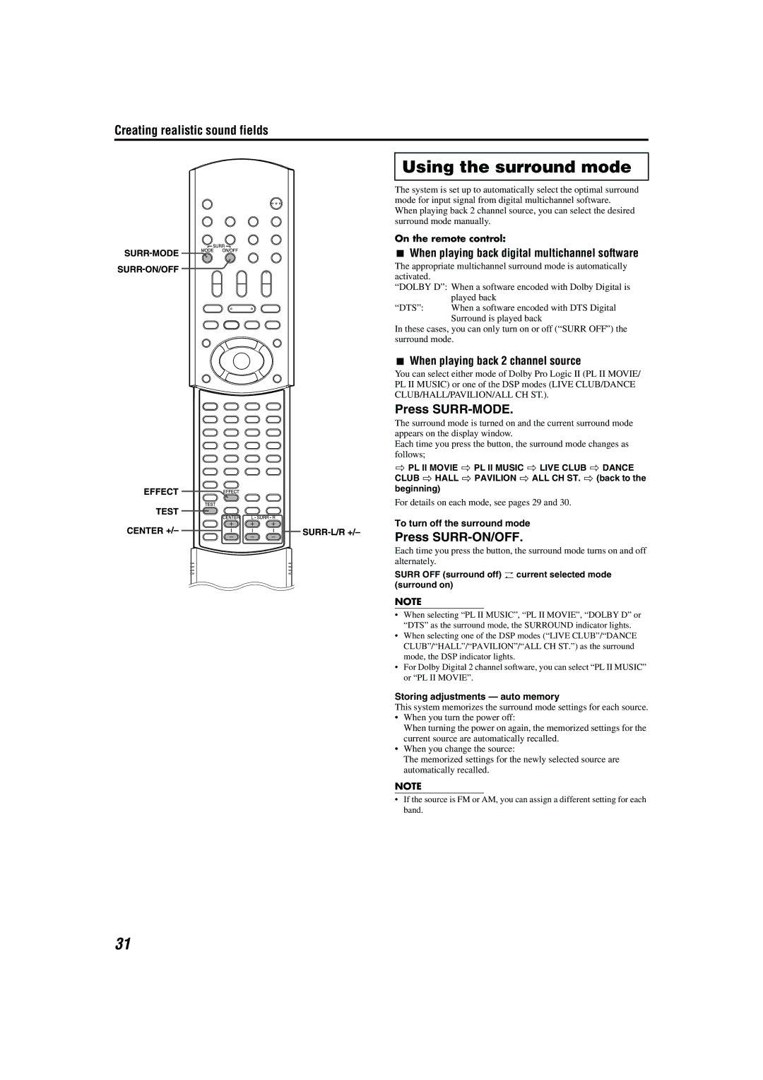 JVC TH-A55 Using the surround mode, Press SURR-MODE, Press SURR-ON/OFF, When playing back digital multichannel software 