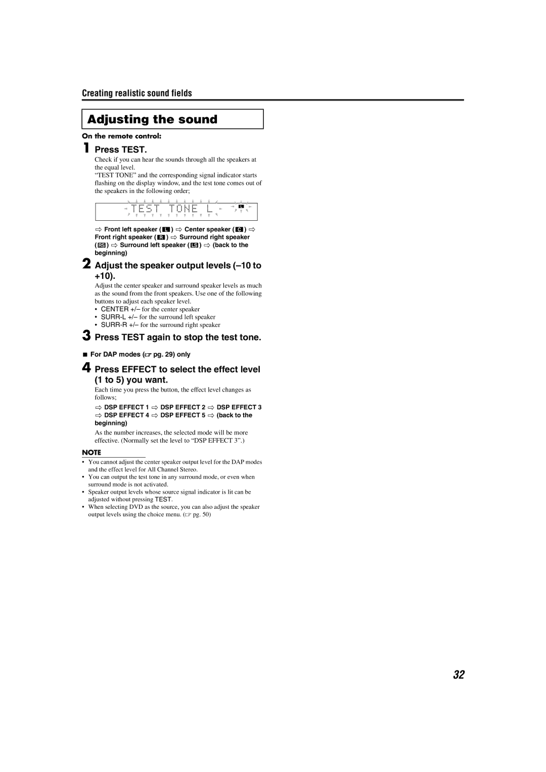 JVC TH-A85, TH-A55 manual Adjusting the sound, Press Test, Adjust the speaker output levels -10 to +10 