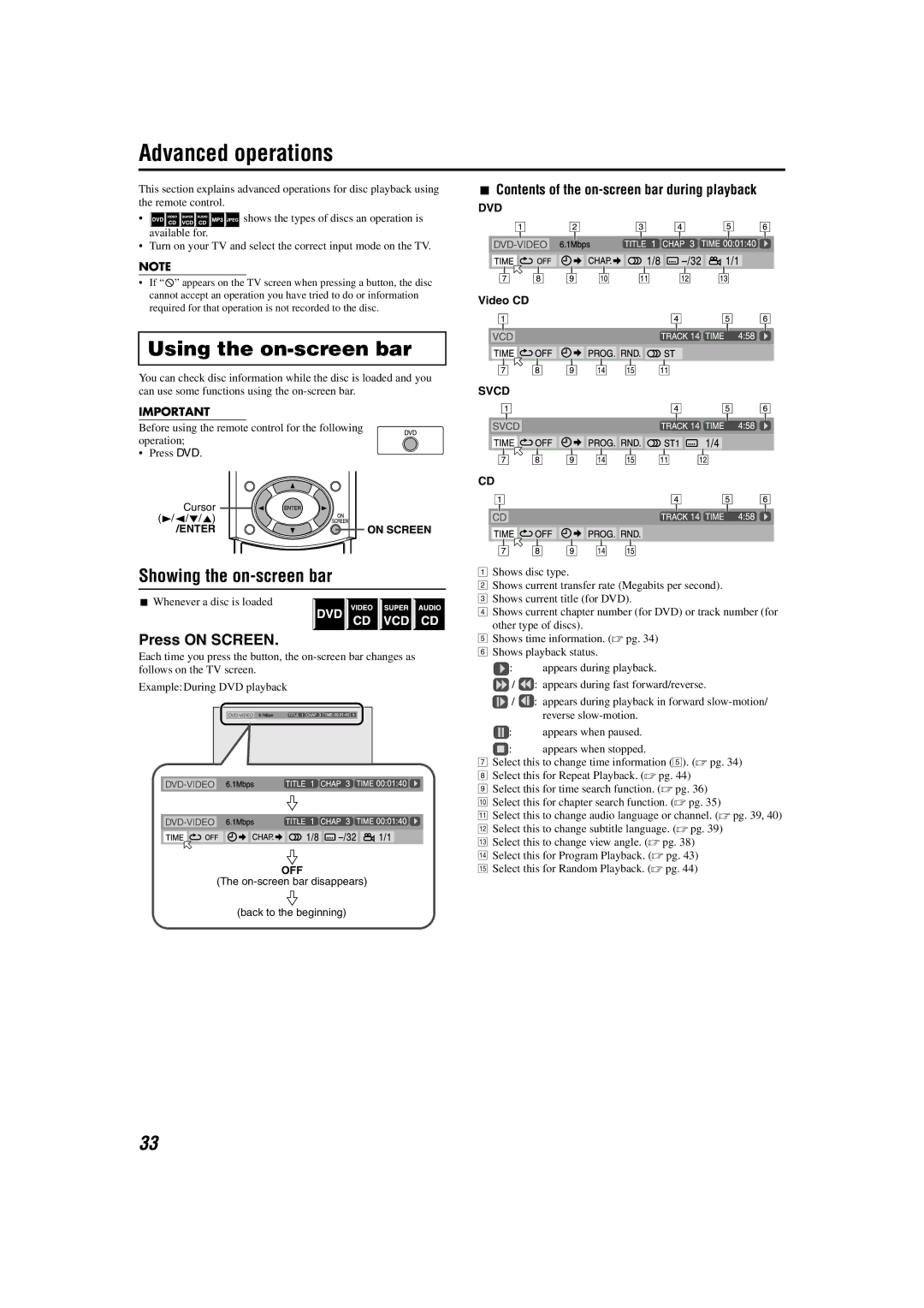 JVC TH-A55, TH-A85 manual Advanced operations, Using the on-screen bar, Showing the on-screen bar, Press on Screen 