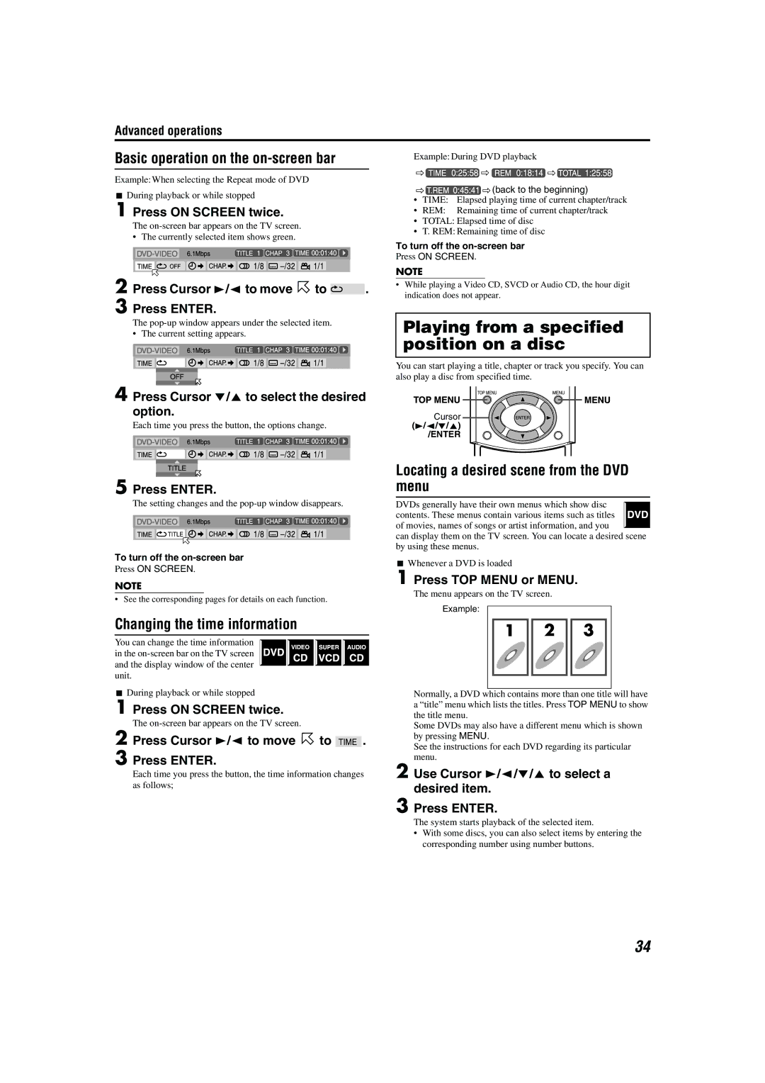 JVC TH-A85, TH-A55 manual Playing from a specified position on a disc, Basic operation on the on-screen bar 