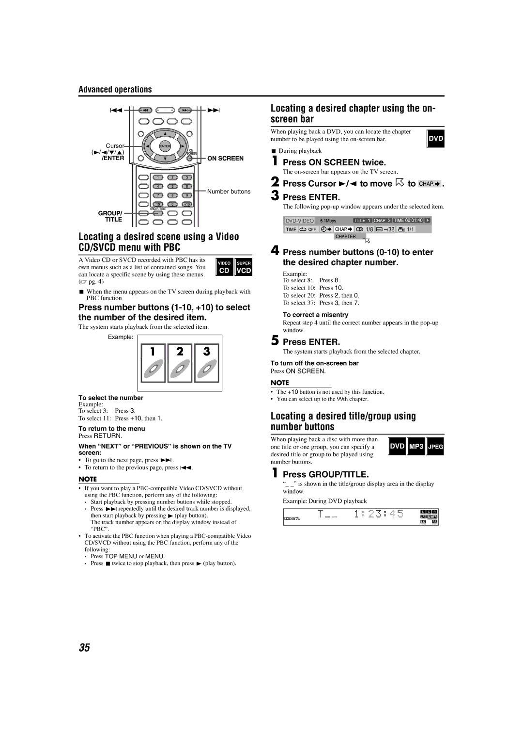 JVC TH-A55 manual Locating a desired chapter using the on- screen bar, Locating a desired title/group using number buttons 