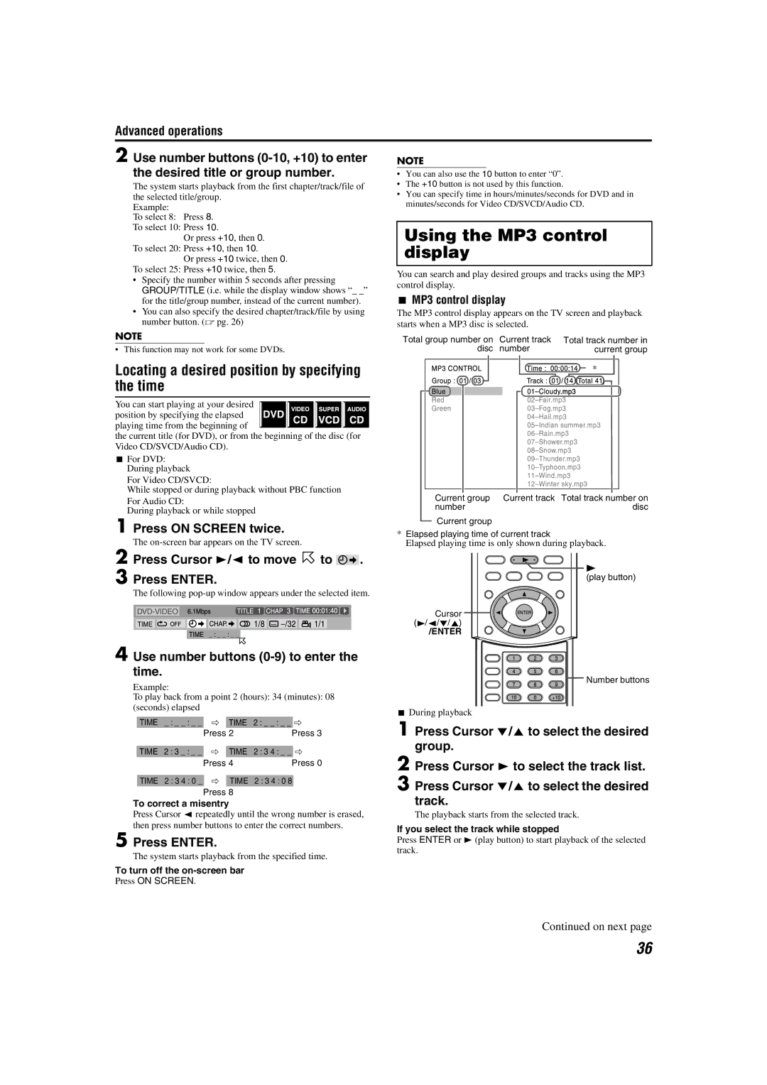 JVC TH-A85, TH-A55 Using the MP3 control, Display, Locating a desired position by specifying the time, MP3 control display 