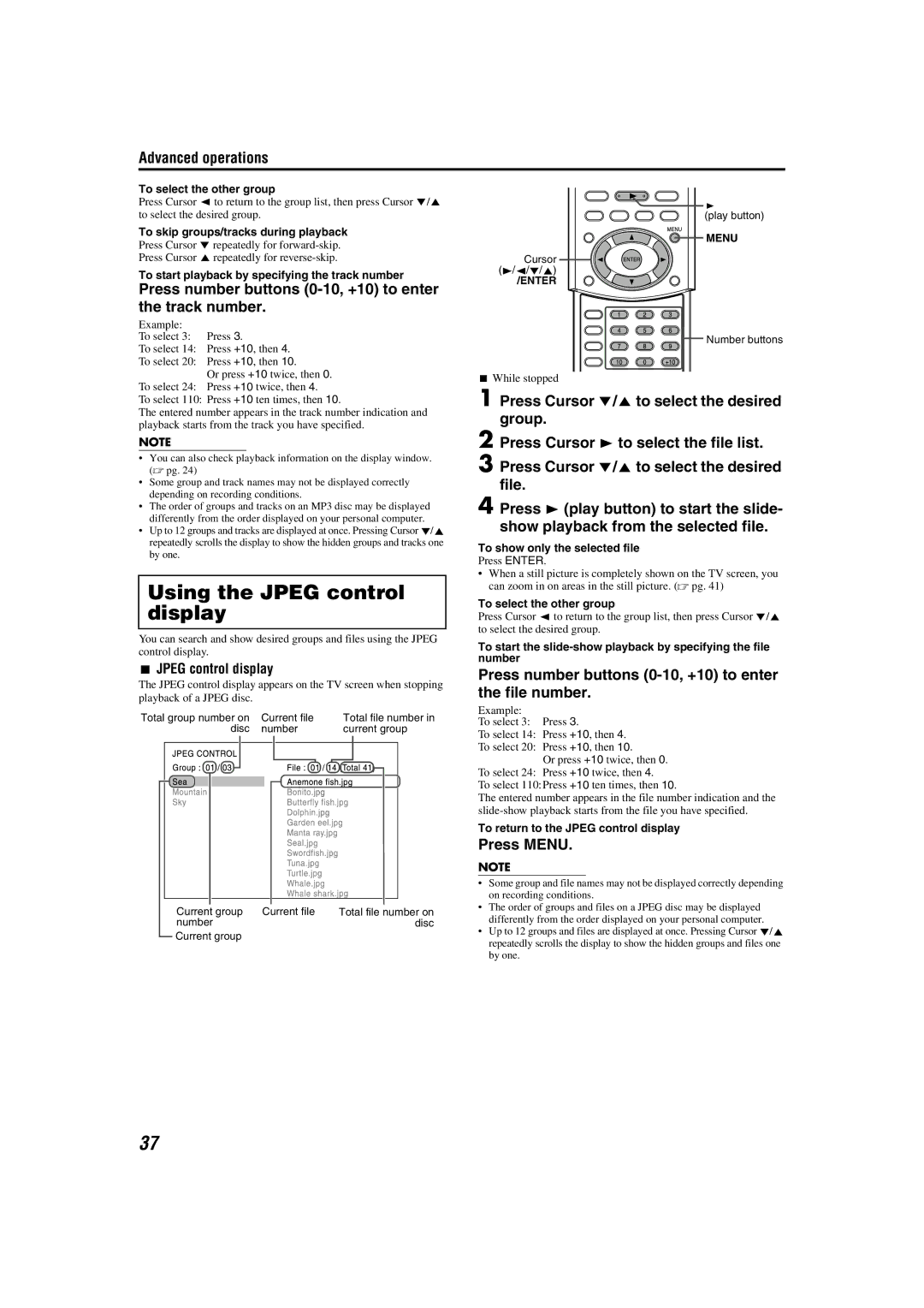 JVC TH-A55, TH-A85 Using the Jpeg control display, Press number buttons 0-10, +10 to enter the track number, Press Menu 