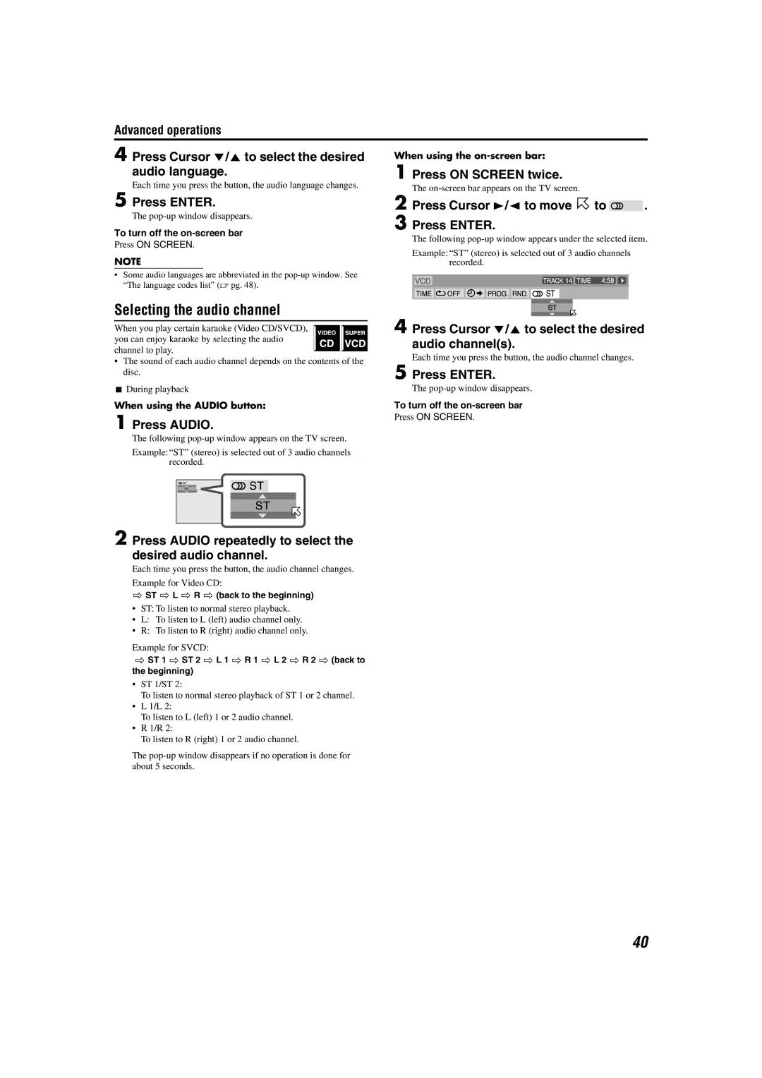 JVC TH-A85, TH-A55 Selecting the audio channel, Advanced operations Press Cursor To select the desired, Audio language 