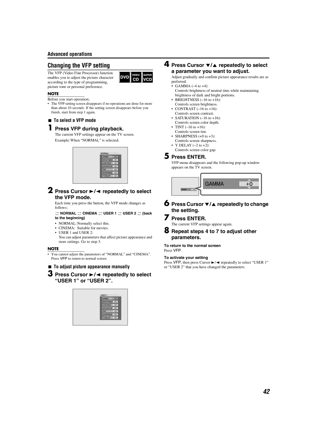 JVC TH-A85, TH-A55 manual Changing the VFP setting 