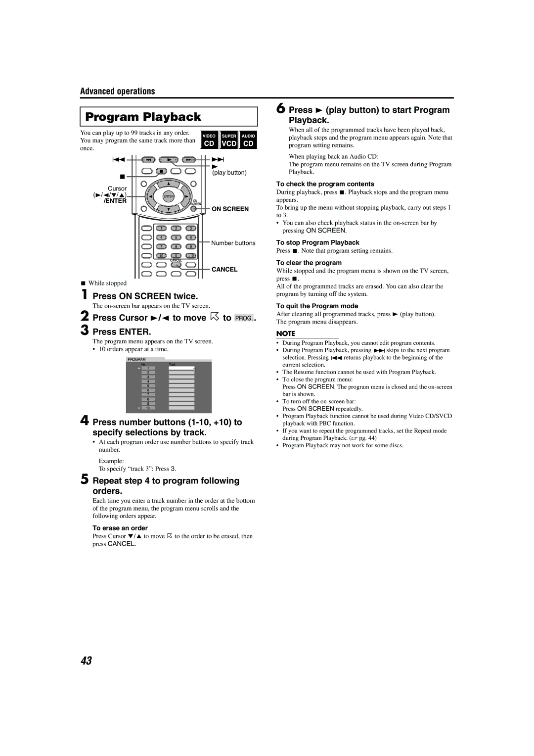 JVC TH-A55 Program Playback, Advanced operations Press 3 play button to start Program, Repeat to program following orders 