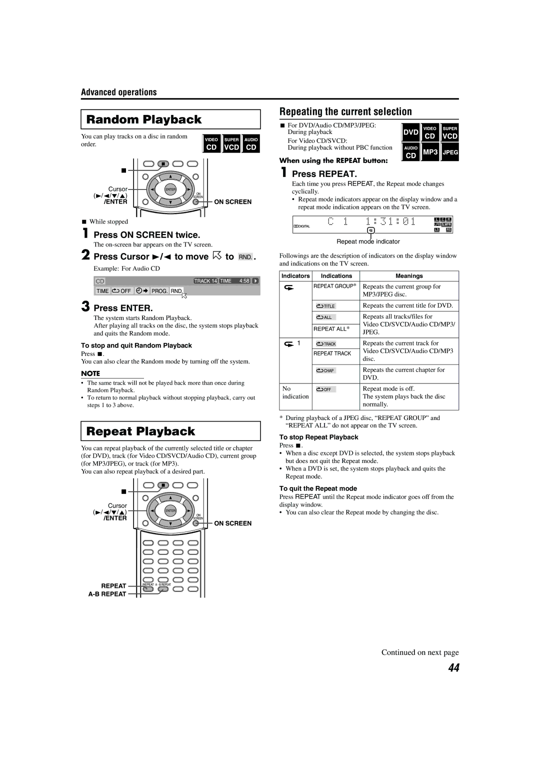 JVC TH-A85 Random Playback, Repeat Playback, Repeating the current selection, Press Repeat, Press Cursor 3/2 to move Hto 