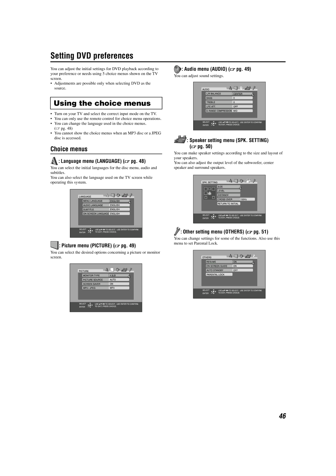 JVC TH-A85, TH-A55 manual Setting DVD preferences, Using the choice menus, Choice menus 