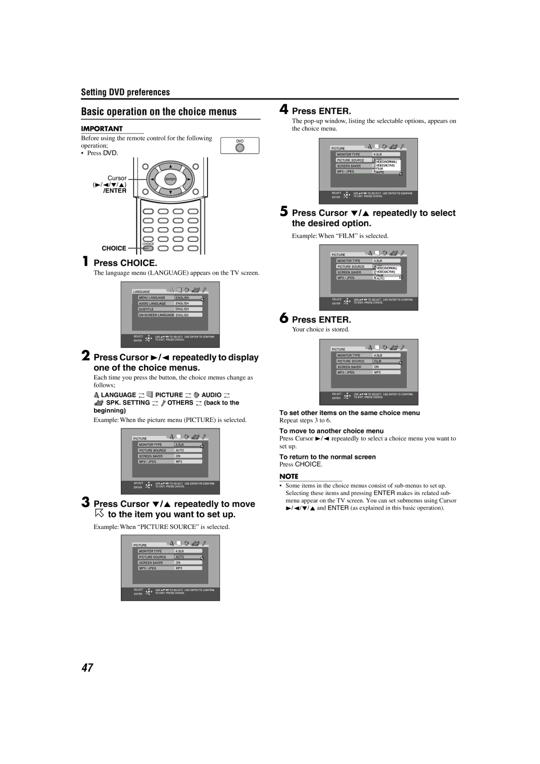 JVC TH-A55 Basic operation on the choice menus, Press Choice, Press Cursor //5 repeatedly to select the desired option 