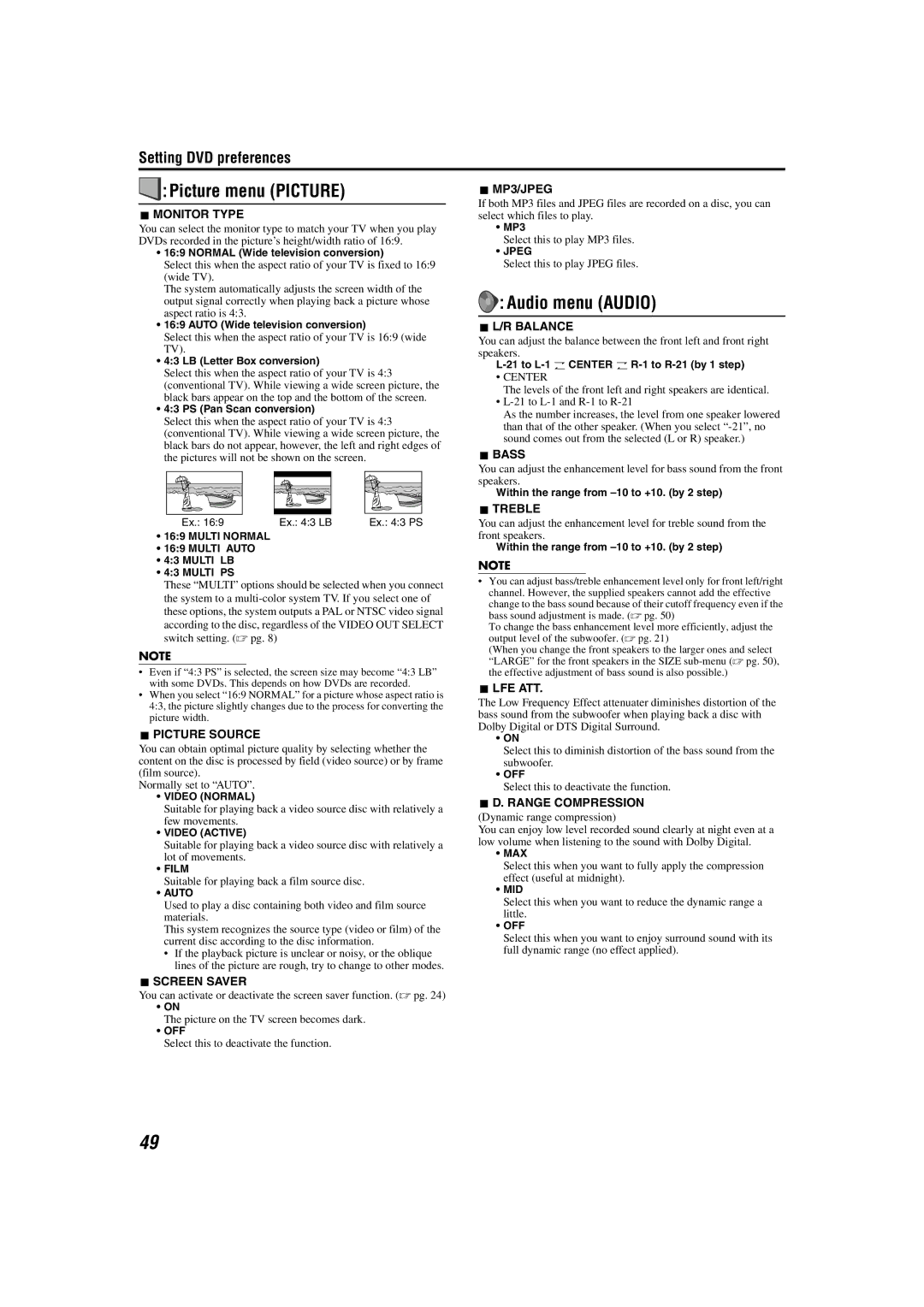 JVC TH-A55, TH-A85 manual Picture menu Picture, Audio menu Audio, Center 