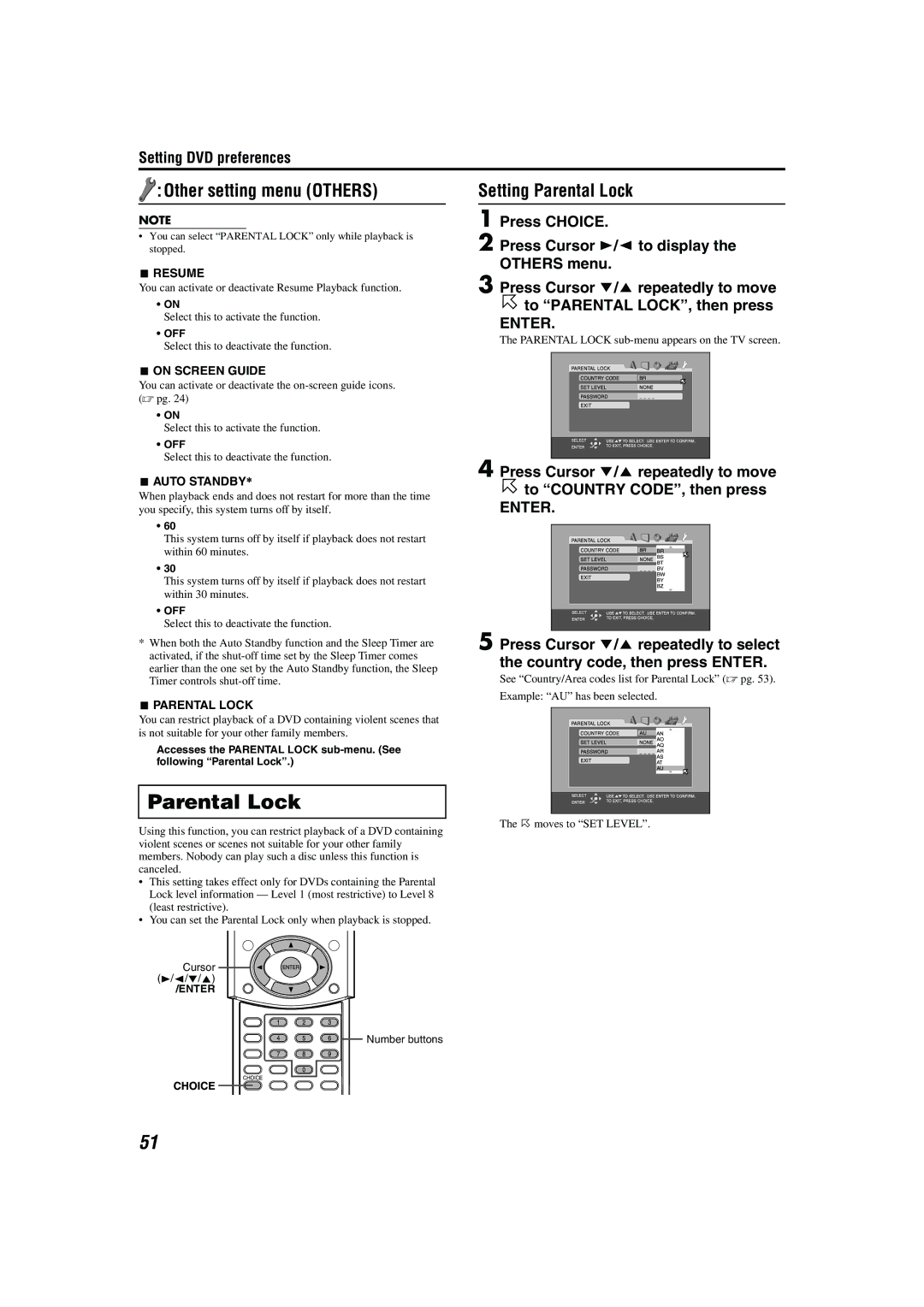 JVC TH-A55, TH-A85 Other setting menu Others, Setting Parental Lock, Parental Lock sub-menu appears on the TV screen 