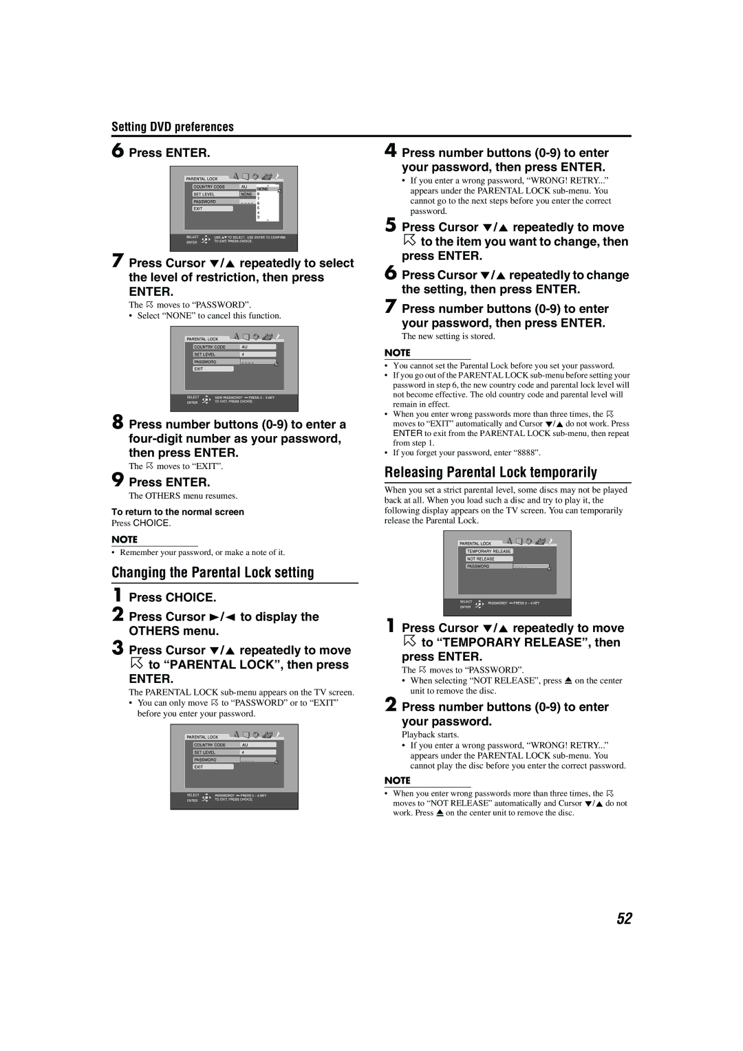 JVC TH-A85, TH-A55 manual Releasing Parental Lock temporarily, Changing the Parental Lock setting 