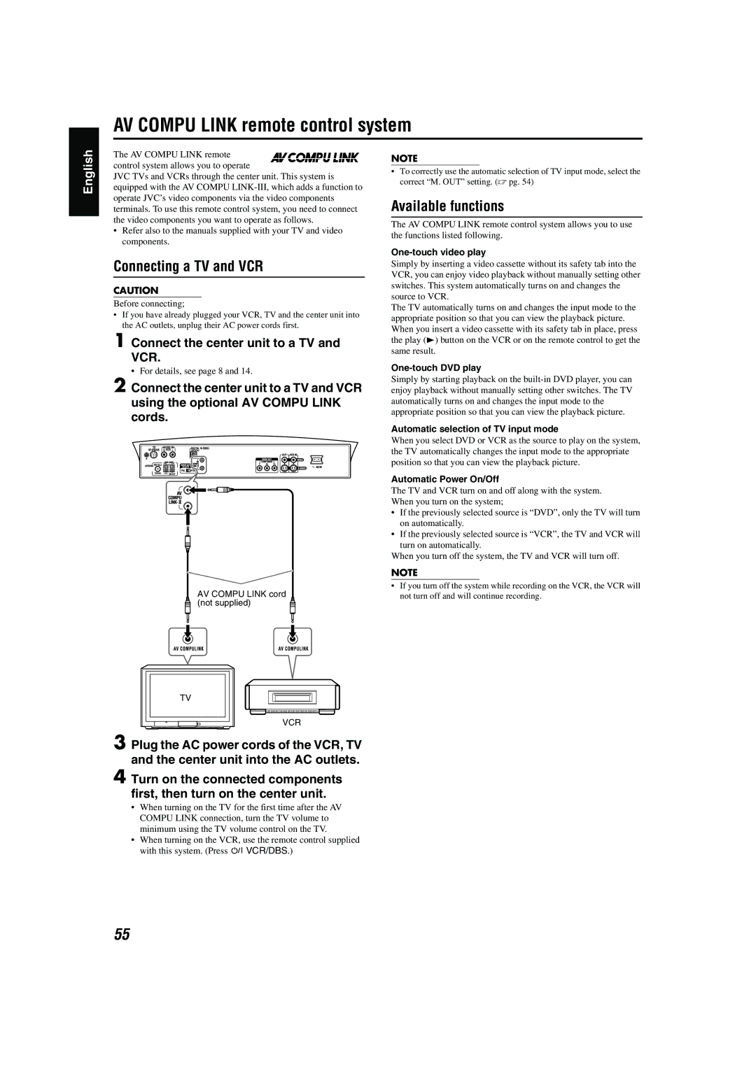 JVC TH-A55, TH-A85 manual AV Compu Link remote control system, Connecting a TV and VCR, Available functions 