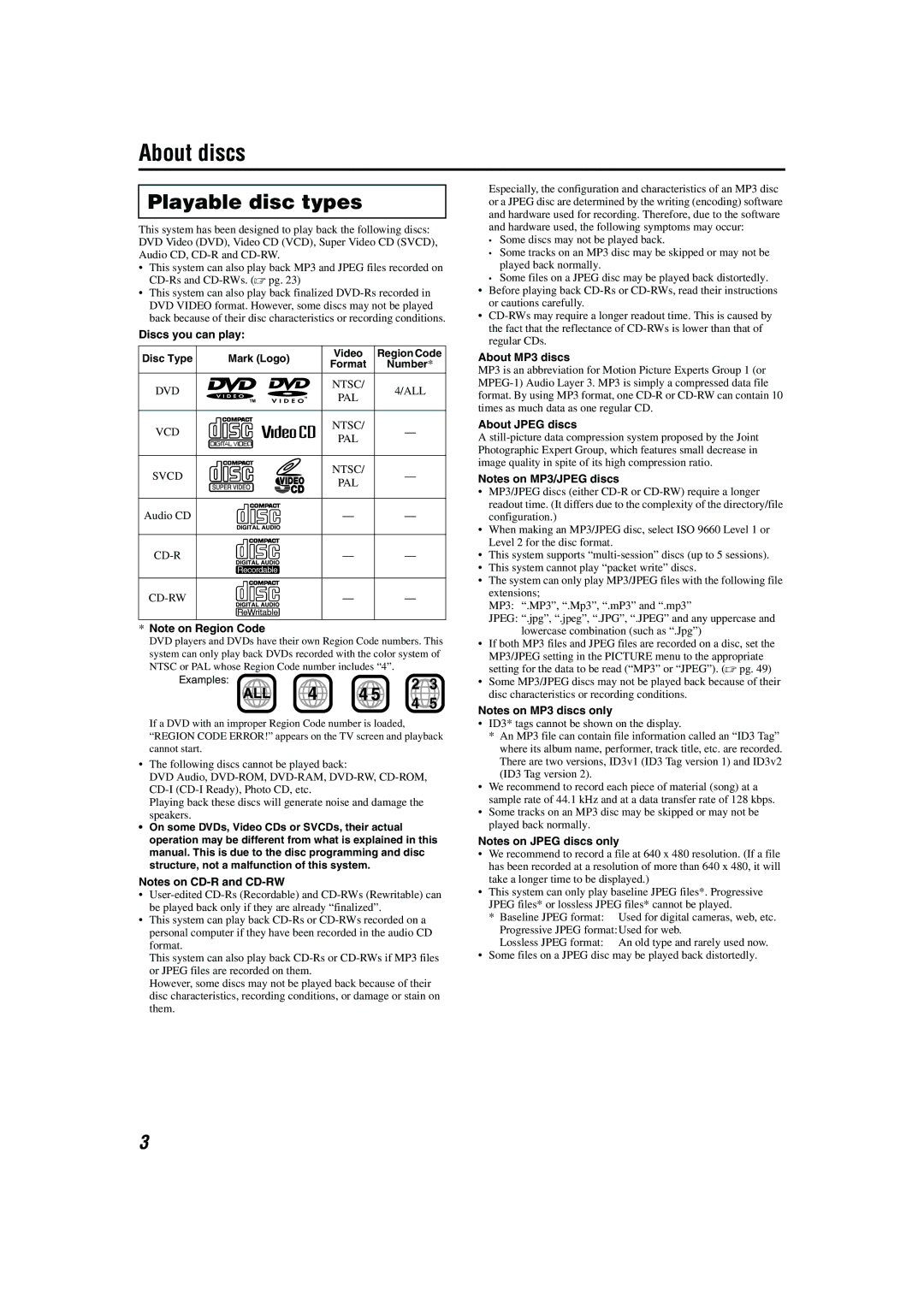 JVC TH-A55, TH-A85 manual About discs, Playable disc types, Discs you can play, About MP3 discs, About Jpeg discs 