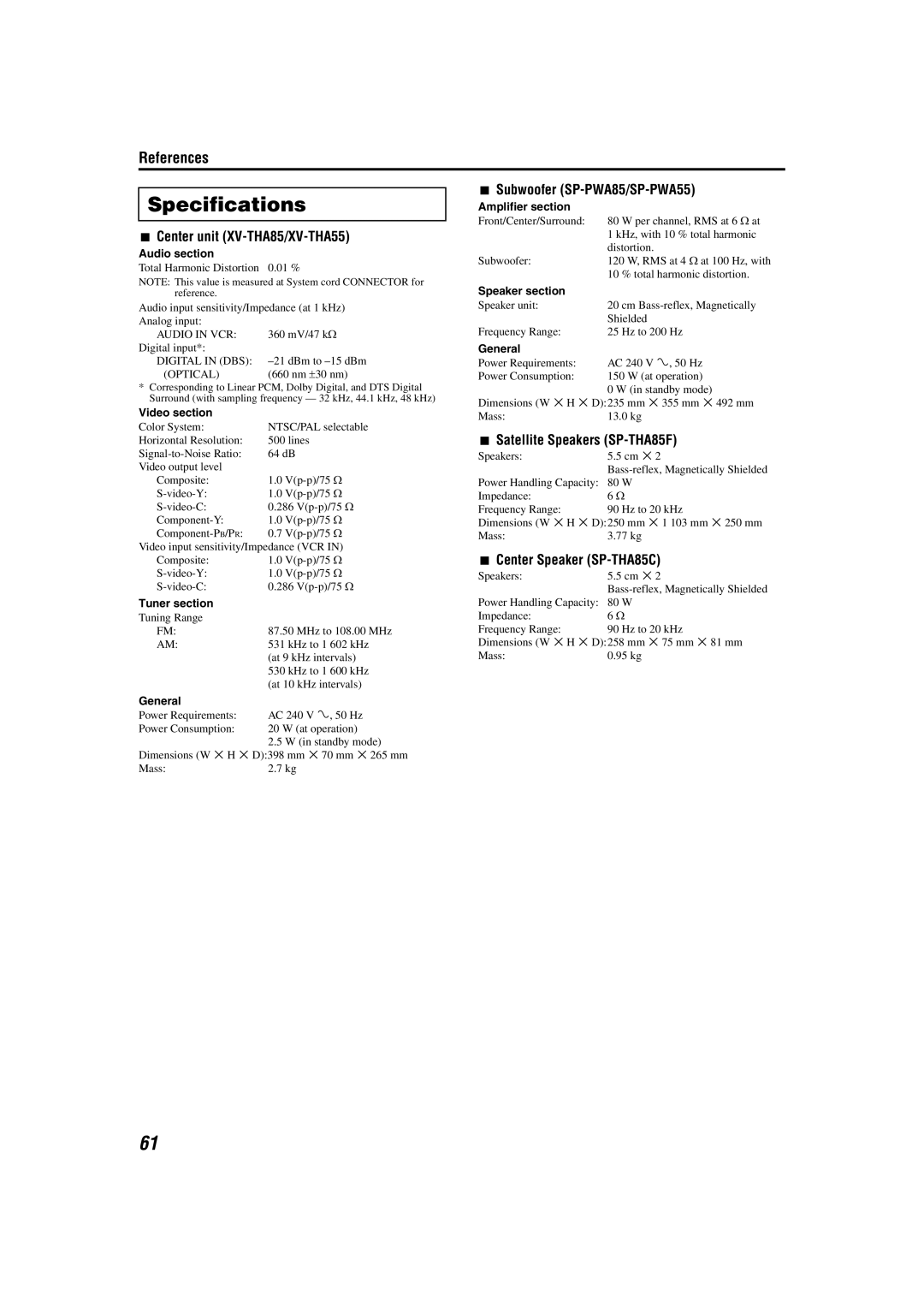 JVC TH-A55 manual Specifications, Center unit XV-THA85/XV-THA55, Subwoofer SP-PWA85/SP-PWA55, Satellite Speakers SP-THA85F 