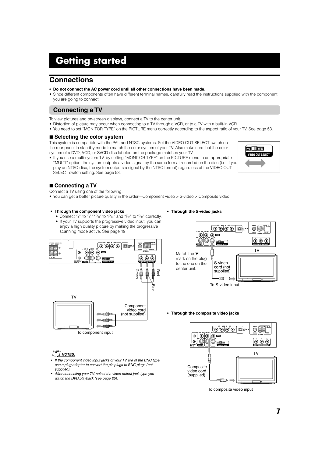 JVC TH-A75 manual Getting started, Connections, Connecting a TV, Selecting the color system 