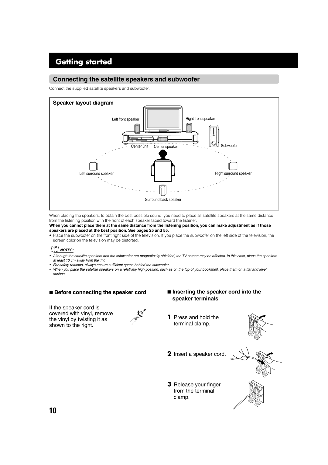 JVC TH-A75 Connecting the satellite speakers and subwoofer, Speaker layout diagram, Before connecting the speaker cord 