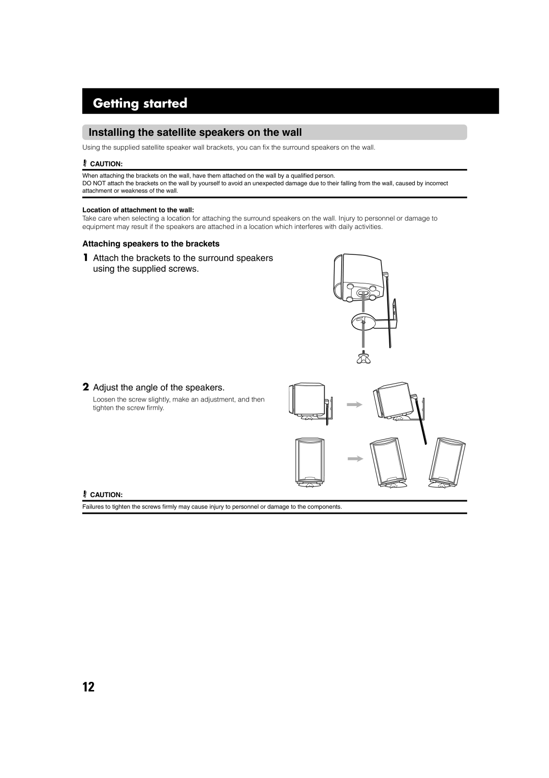 JVC TH-A75 manual Installing the satellite speakers on the wall, Location of attachment to the wall 