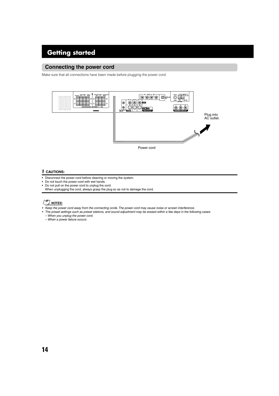 JVC TH-A75 manual Connecting the power cord, Plug into AC outlet Power cord 