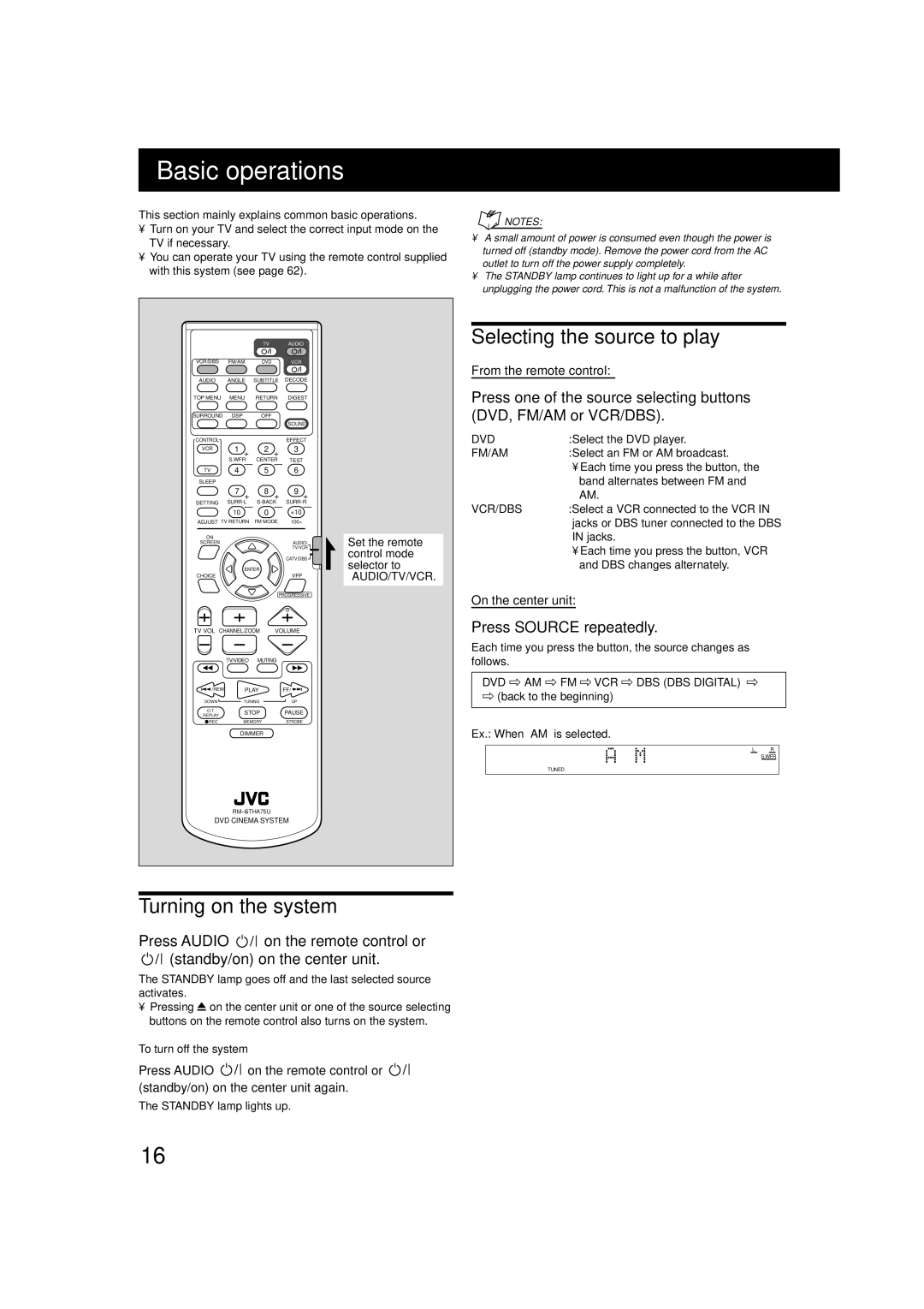 JVC TH-A75 manual Basic operations, Selecting the source to play, Turning on the system, Press Source repeatedly 