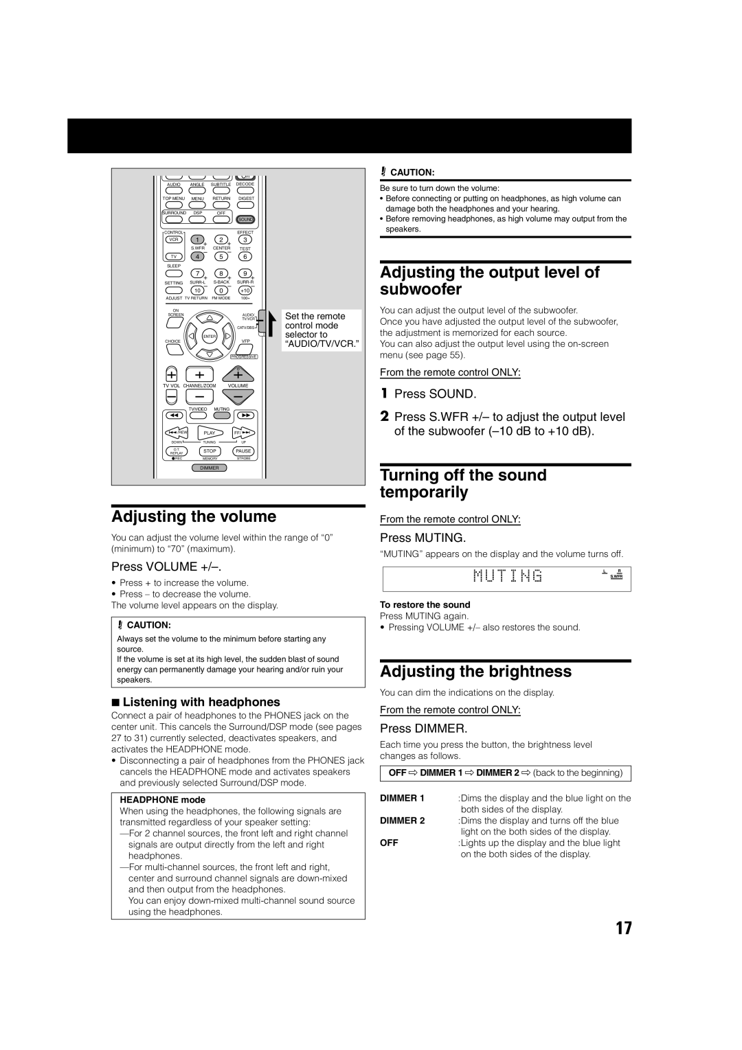 JVC TH-A75 manual Adjusting the volume, Adjusting the output level of subwoofer, Turning off the sound temporarily 