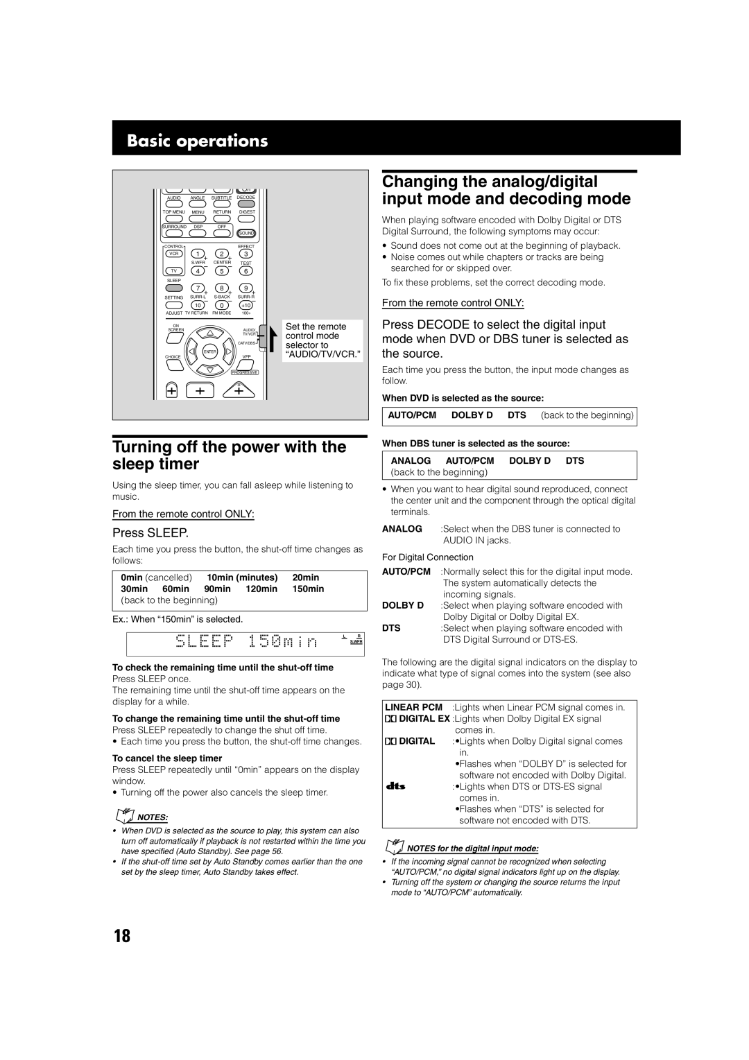 JVC TH-A75 manual Basic operations, Turning off the power with the sleep timer, Press Sleep, Analog AUTO/PCM Dolby D DTS 