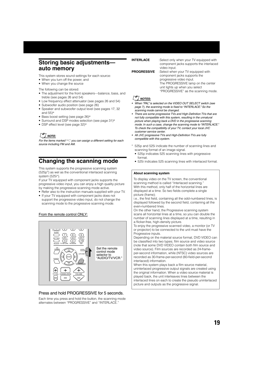 JVC TH-A75 Storing basic adjustments- auto memory, Changing the scanning mode, Press and hold Progressive for 5 seconds 