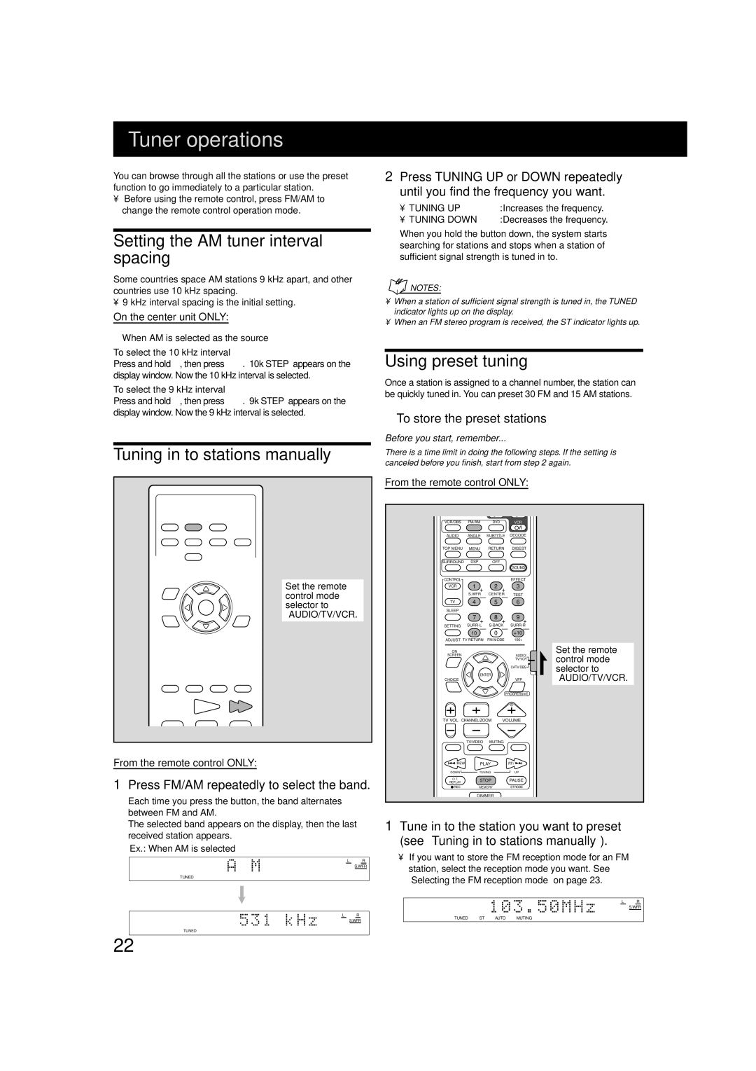 JVC TH-A75 Tuner operations, Setting the AM tuner interval spacing, Tuning in to stations manually, Using preset tuning 