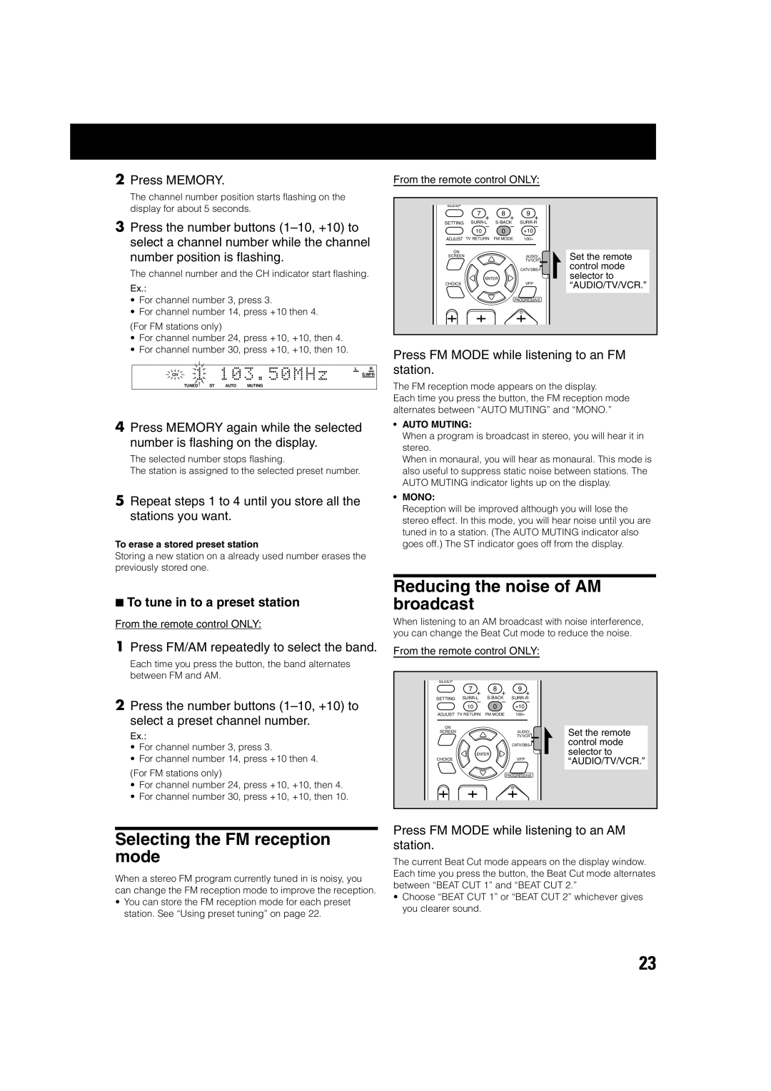 JVC TH-A75 manual Reducing the noise of AM broadcast, Selecting the FM reception mode, To tune in to a preset station 