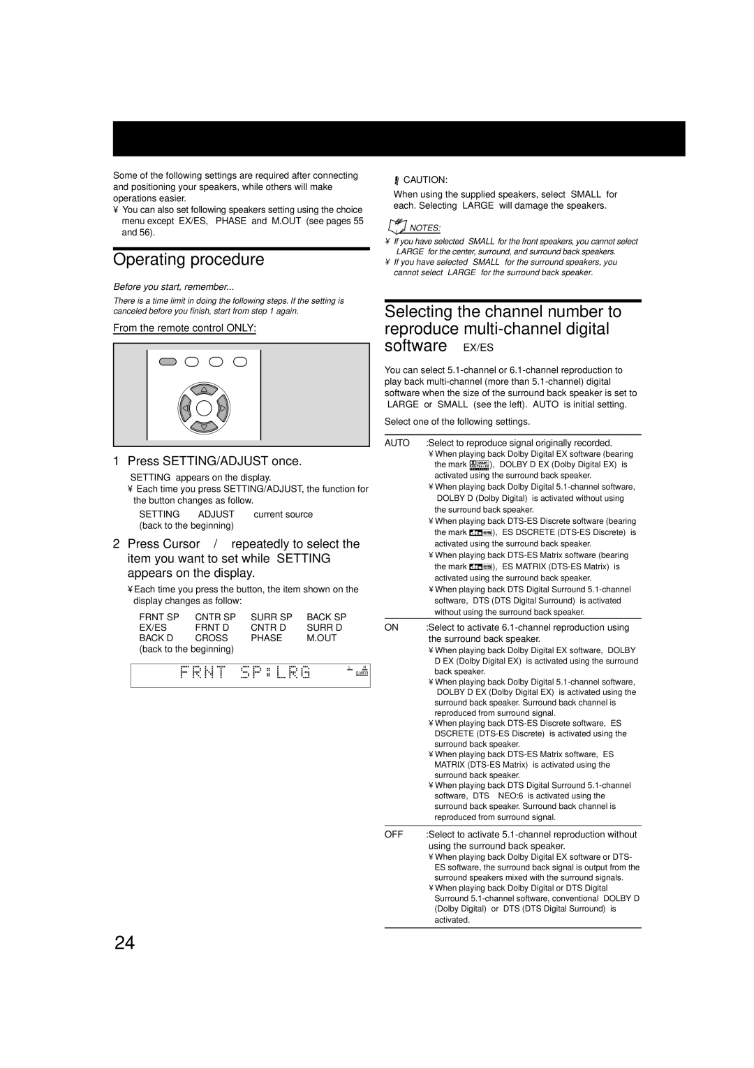 JVC TH-A75 manual Basic settings, Operating procedure, Setting speaker sizes, Press SETTING/ADJUST once 