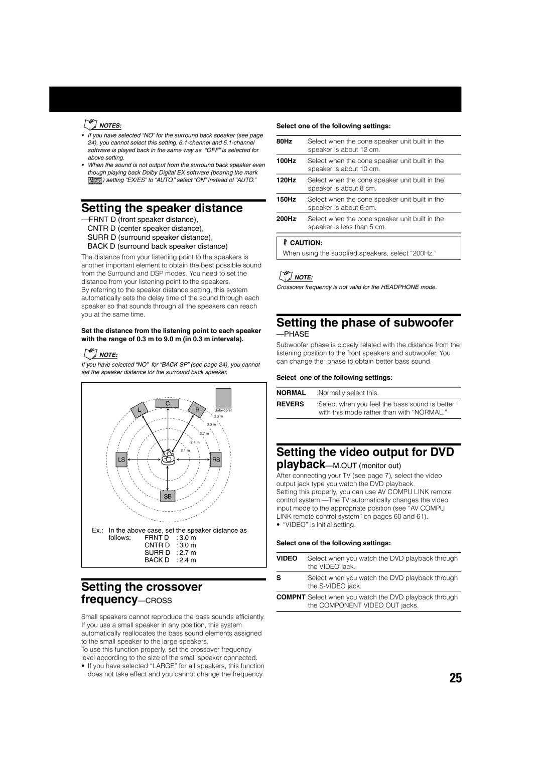 JVC TH-A75 manual Setting the speaker distance, Setting the phase of subwoofer, Setting the video output for DVD 